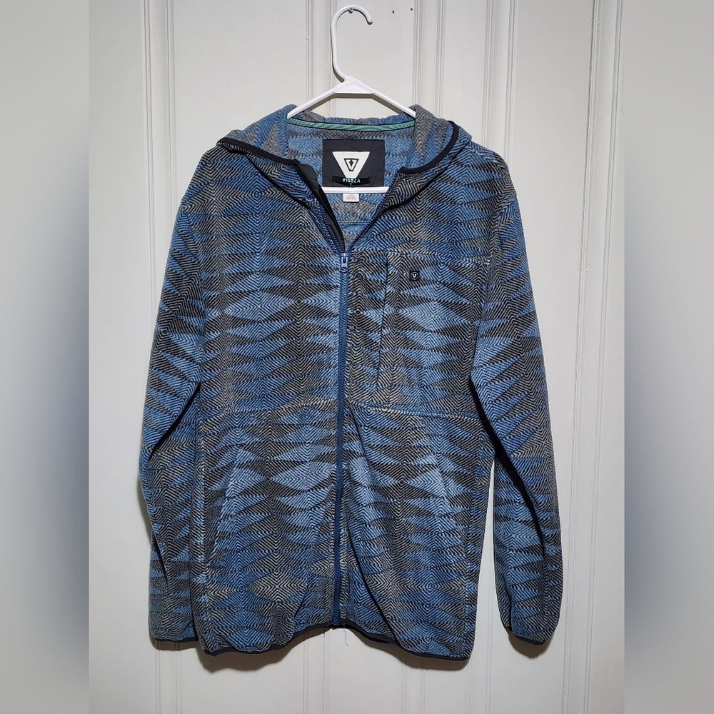 Vissla Men's Large Blue Full Zip Hooded Sweatshirt Diamond/Herringbone Design